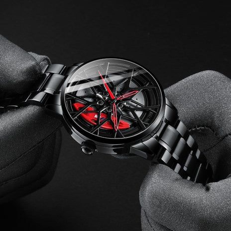 Luxury Alloy Wheel Design Men's Wrist Watch – Sporty Skeleton Dial – Black Metal and Rubber Straps