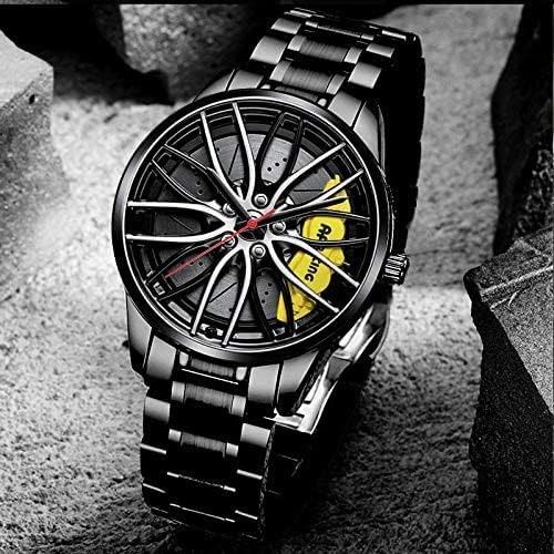 Luxury Alloy Wheel Design Men's Wrist Watch – Sporty Skeleton Dial – Black Metal and Rubber Straps