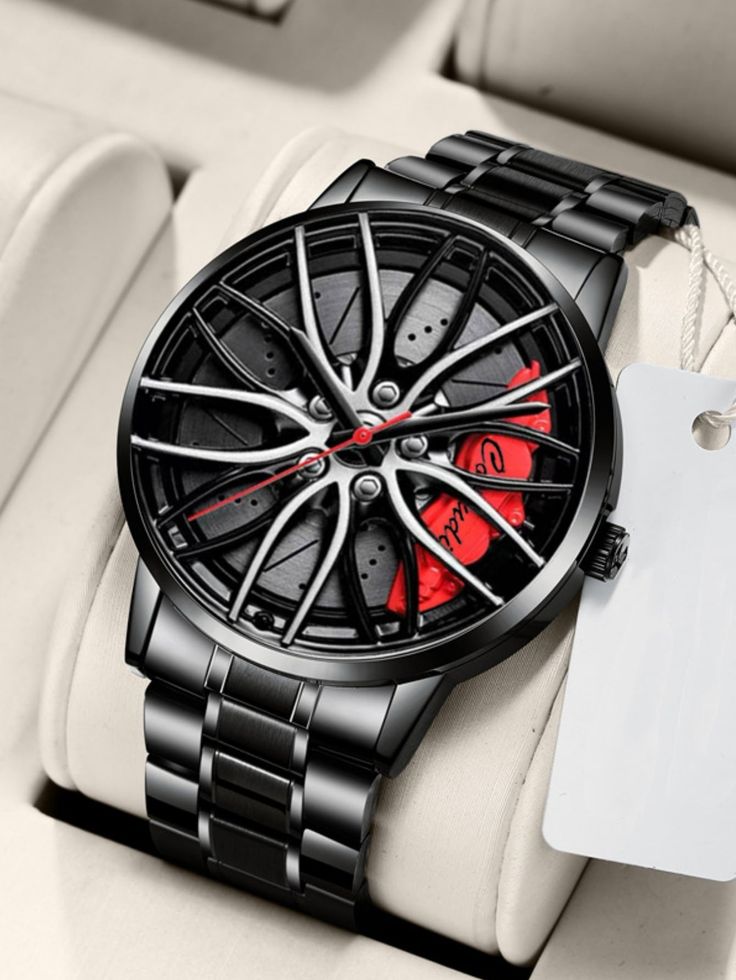 Luxury Alloy Wheel Design Men's Wrist Watch – Sporty Skeleton Dial – Black Metal and Rubber Straps