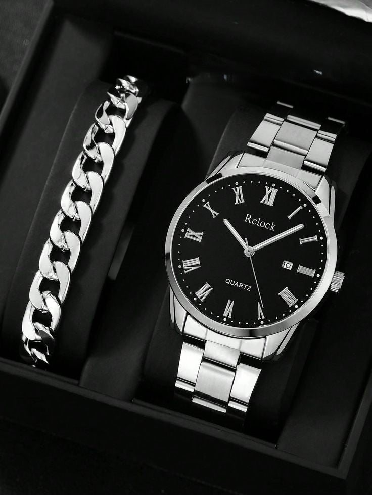 Fashion Mens Stainless Steel Watch with Braclete| Wristwatch with box